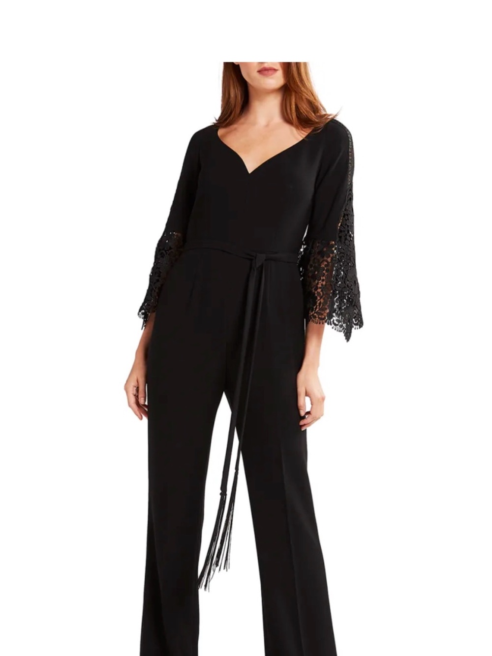 Eli Tahari Black Lace-Sleeve Jumpsuit with Tie Waist